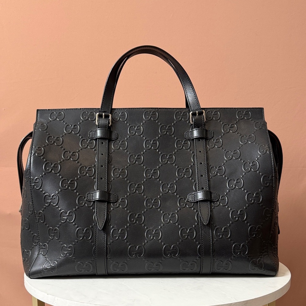 Gucci Calfskin GG Tennis Embossed Black Monogram Tote Bag w/zipper